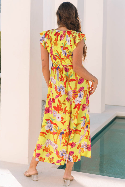 Yellow Cheetah Plant Print Shirred Button V Neck Long Dress Maxi Dresses JT's Designer Fashion