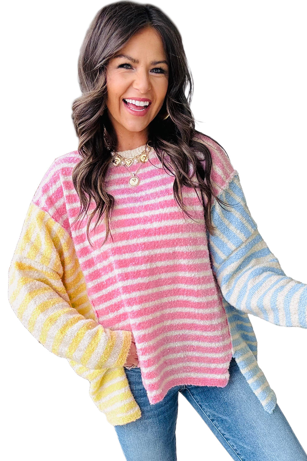 Multicolour Color Block Striped Patchwork Dolman Sleeve Slit Sweater Sweaters JT's Designer Fashion
