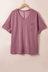 Rose Pink V Neck Patch Pocket Plus Size Corded T Shirt Plus Size JT's Designer Fashion