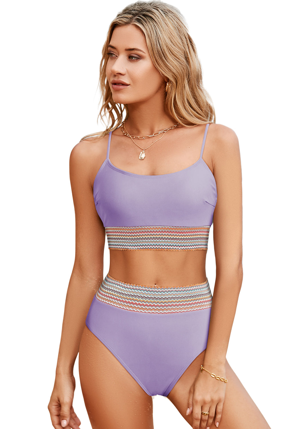 Orchid Petal Striped Patchwork Spaghetti Strap High Waist Bikini Swimsuit High Waisted Swimsuit JT's Designer Fashion