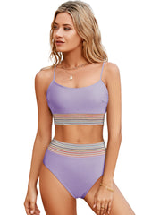 Orchid Petal Striped Patchwork Spaghetti Strap High Waist Bikini Swimsuit High Waisted Swimsuit JT's Designer Fashion