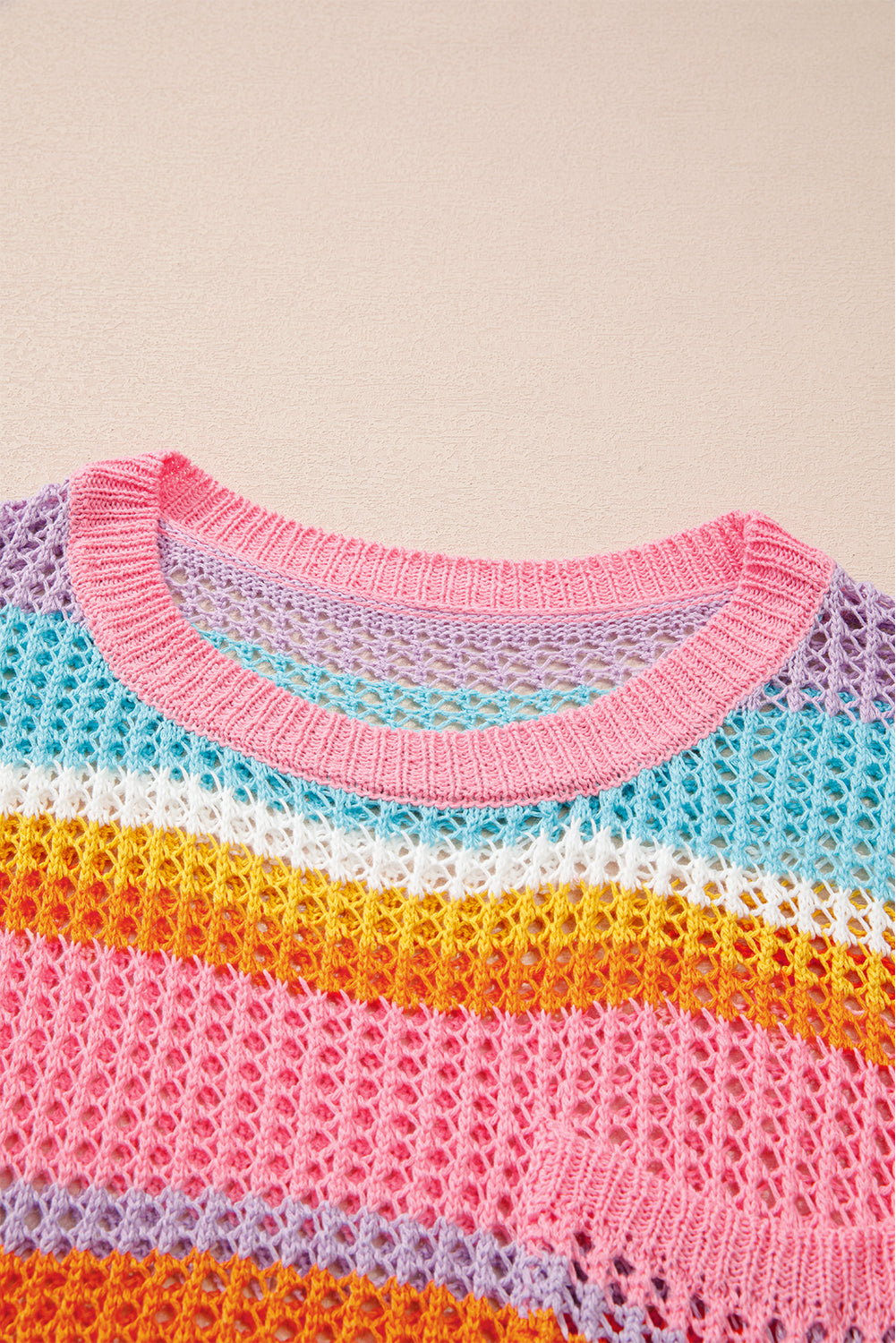 Pink Stripe Plus Size Open Knit Patch Pocket Short Sleeve Sweater Plus Size Sweaters & Cardigans JT's Designer Fashion