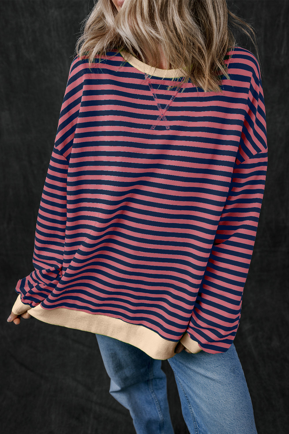 Red Stripe Oversized Contrast Trim Pullover Sweatshirt Sweatshirts & Hoodies JT's Designer Fashion