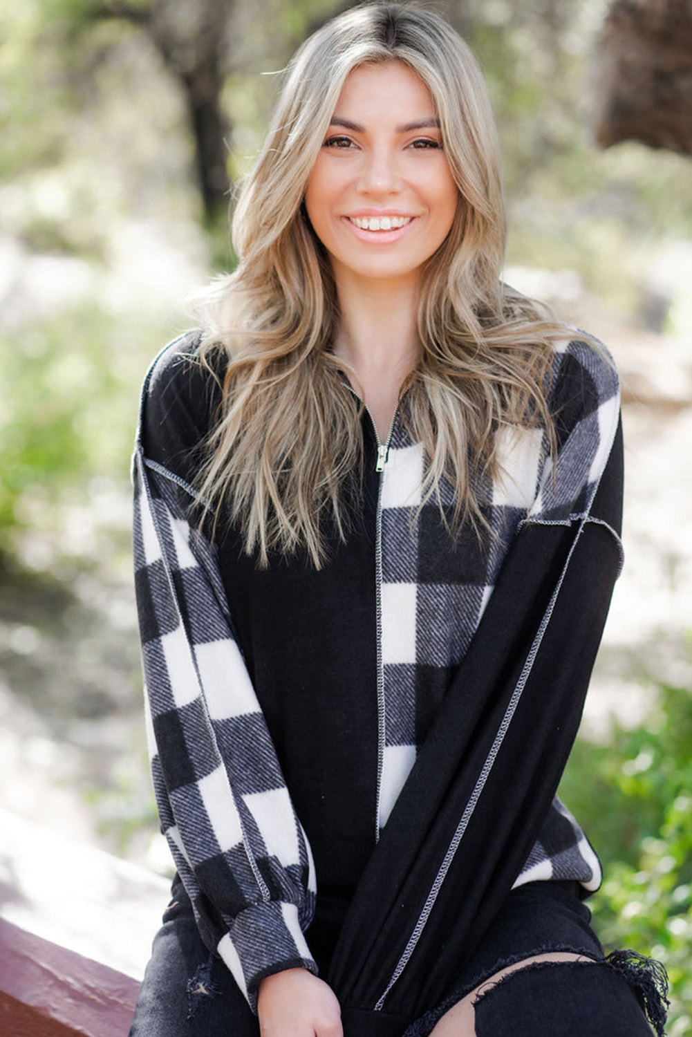 Black Checkboard Patchwork Exposed Stitching Collared Top Long Sleeve Tops JT's Designer Fashion