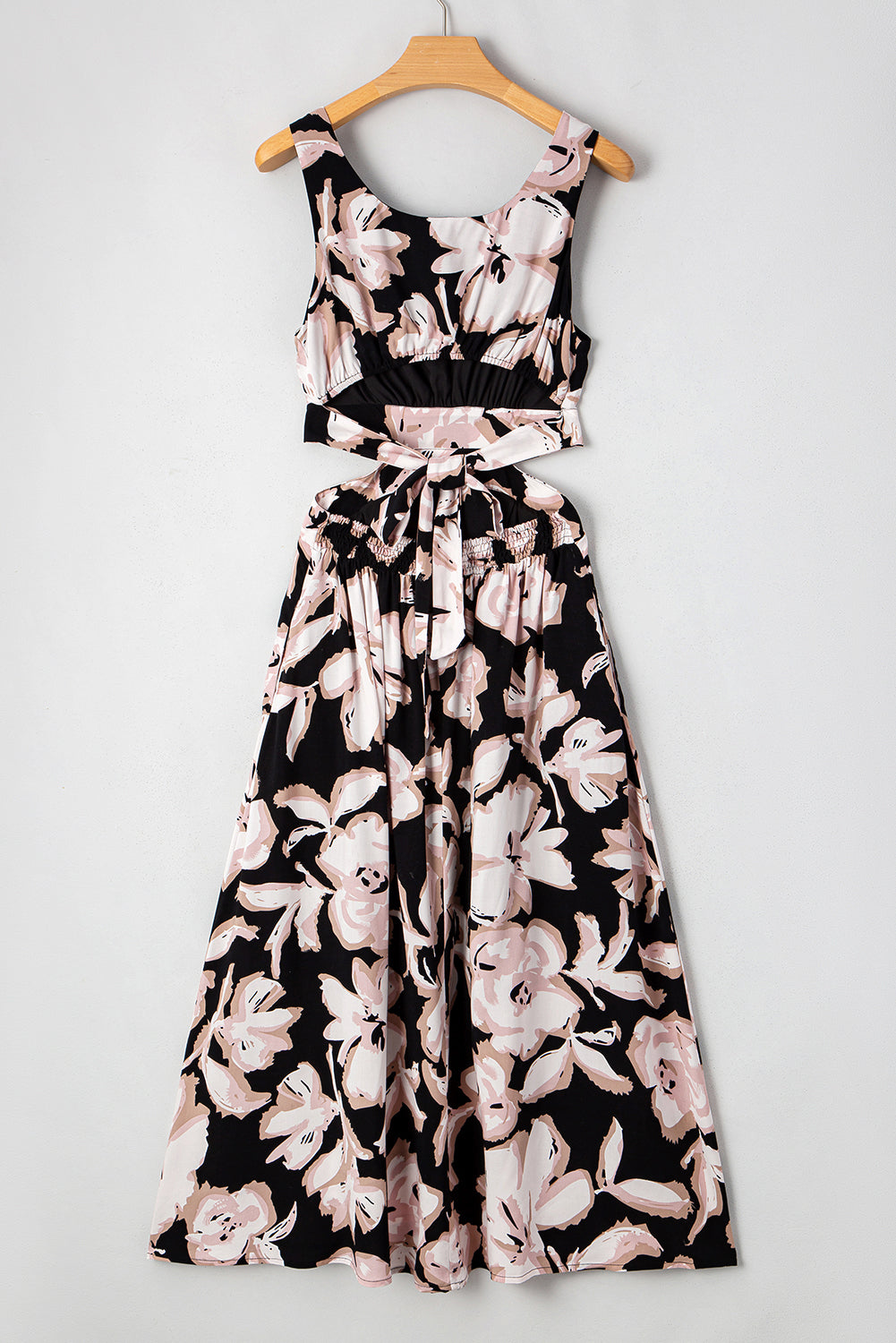 Black Floral Cutout Square Neck Knot Back Sleeveless Long Dress Maxi Dresses JT's Designer Fashion