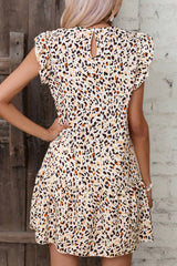 Khaki Leopard Ruffled Flutter Sleeve Keyhole Back Mini Dress Mini Dresses JT's Designer Fashion