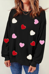 Black Heart Shaped Chenille Embroidered Crew Neck Sweatshirt Black 70%Polyester+30%Cotton Graphic Sweatshirts JT's Designer Fashion