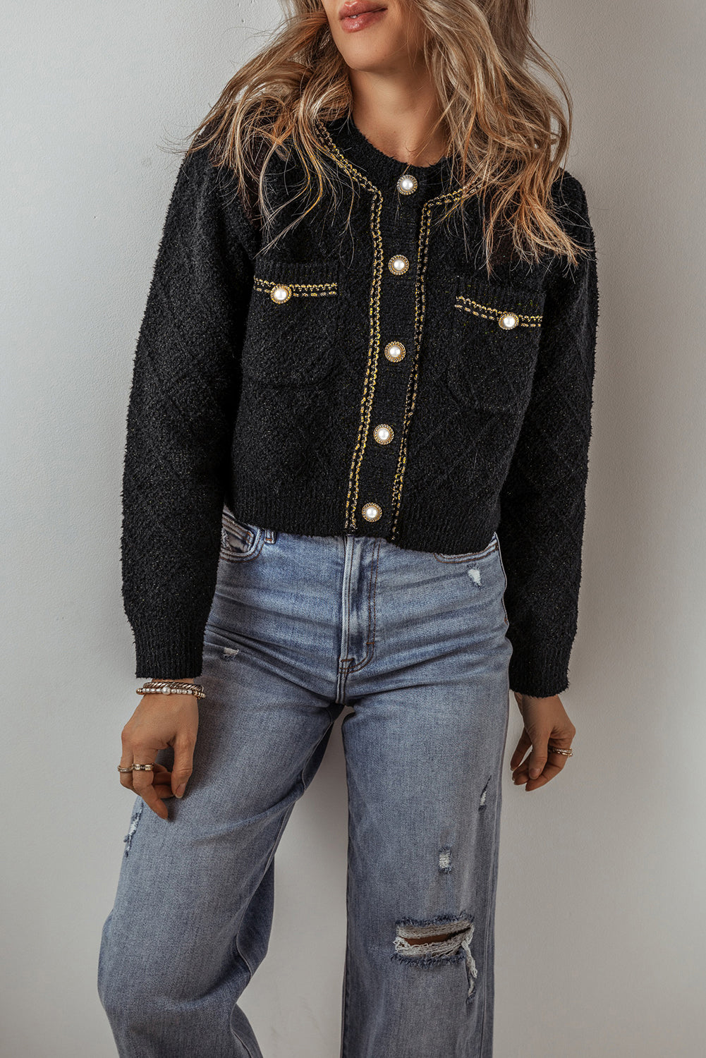 Black Shimmer Flap Pocket Button up Cardigan Cardigans JT's Designer Fashion