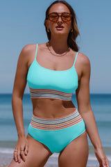 Turquoise Striped Patchwork Spaghetti Strap High Waist Bikini Swimsuit High Waisted Swimsuit JT's Designer Fashion