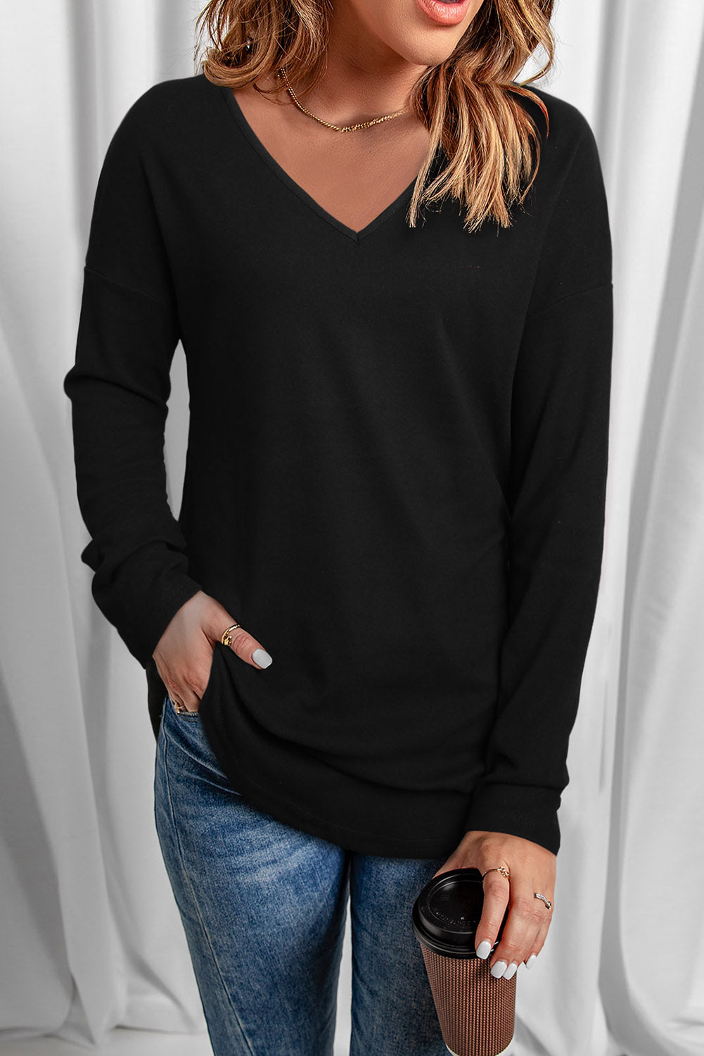 Black Solid Color V Neck Long Sleeve Knit Top Long Sleeve Tops JT's Designer Fashion