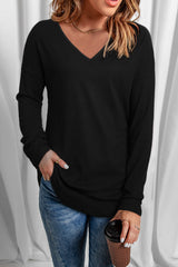 Black Solid Color V Neck Long Sleeve Knit Top Long Sleeve Tops JT's Designer Fashion