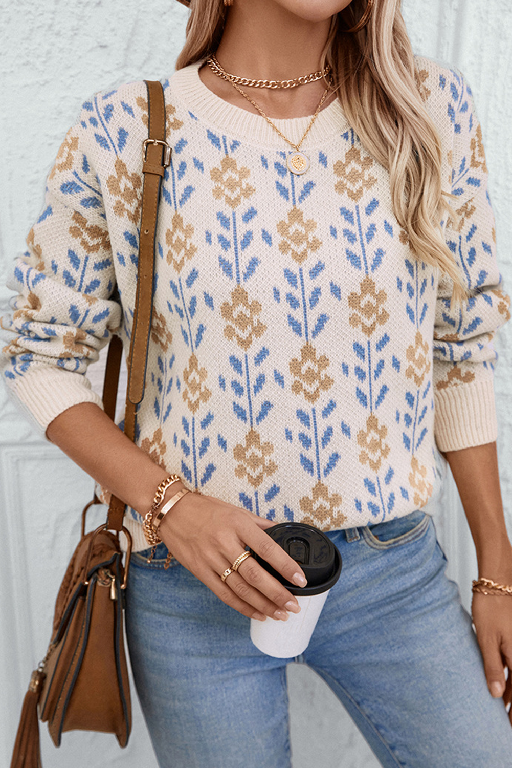 Apricot Floral Pattern Crew Neck Sweater Sweaters JT's Designer Fashion