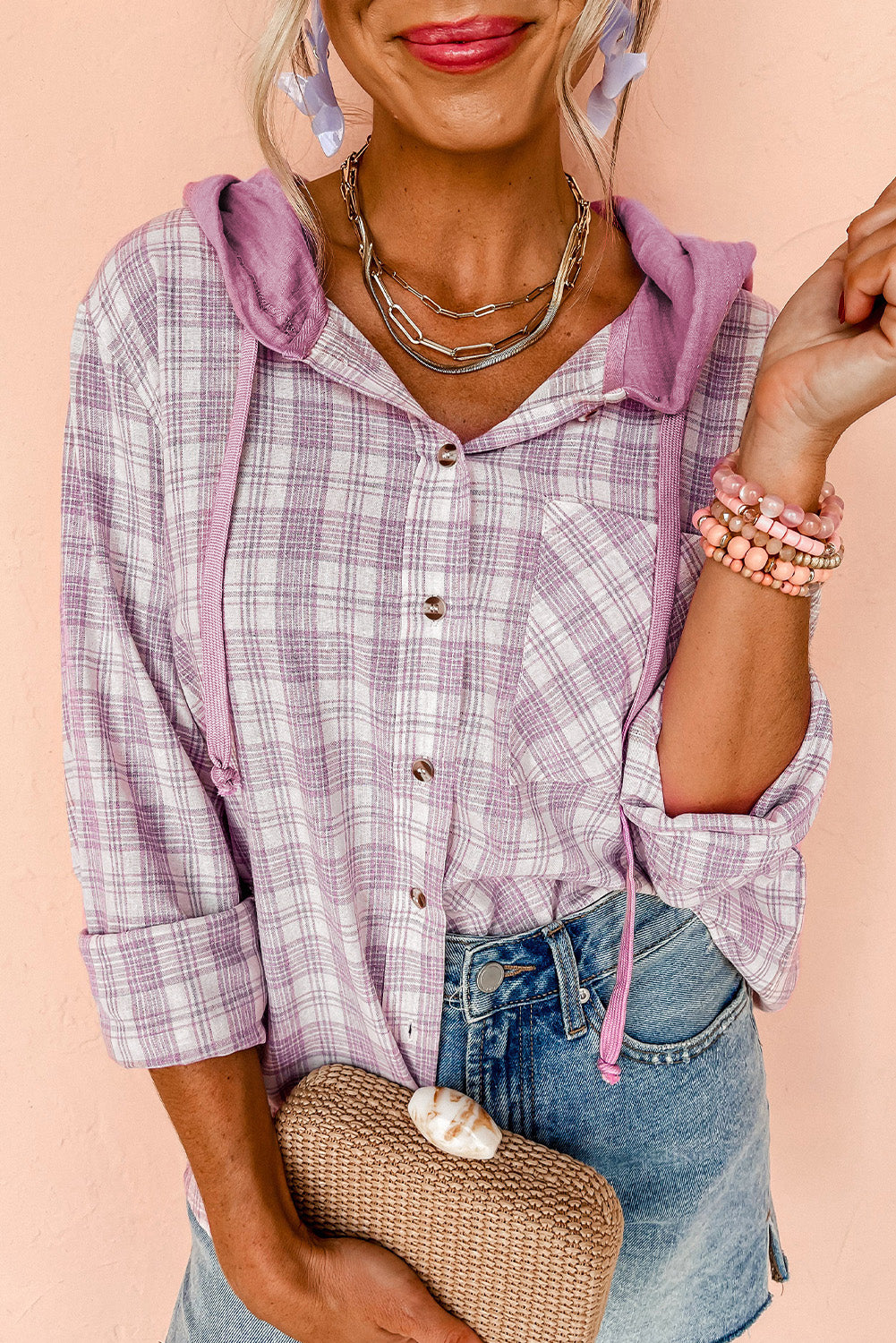 Pink Checkered Print Loose Fit Buttoned Hooded Shacket Pink 65%Polyester+35%Cotton Plaid Shackets JT's Designer Fashion