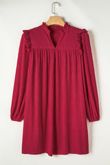 Fiery Red Textured Ruffled Trim V Neck Loose Fit Mini Dress Mini Dresses JT's Designer Fashion