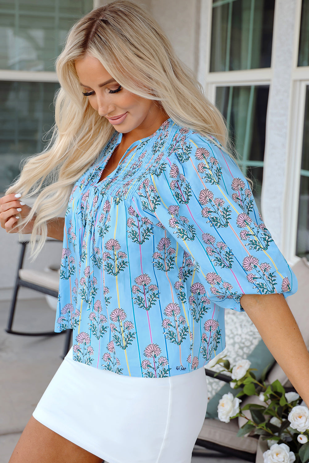 Sky Blue Floral Striped Print Shirred Yoke Split Neck Blouse Blouses & Shirts JT's Designer Fashion