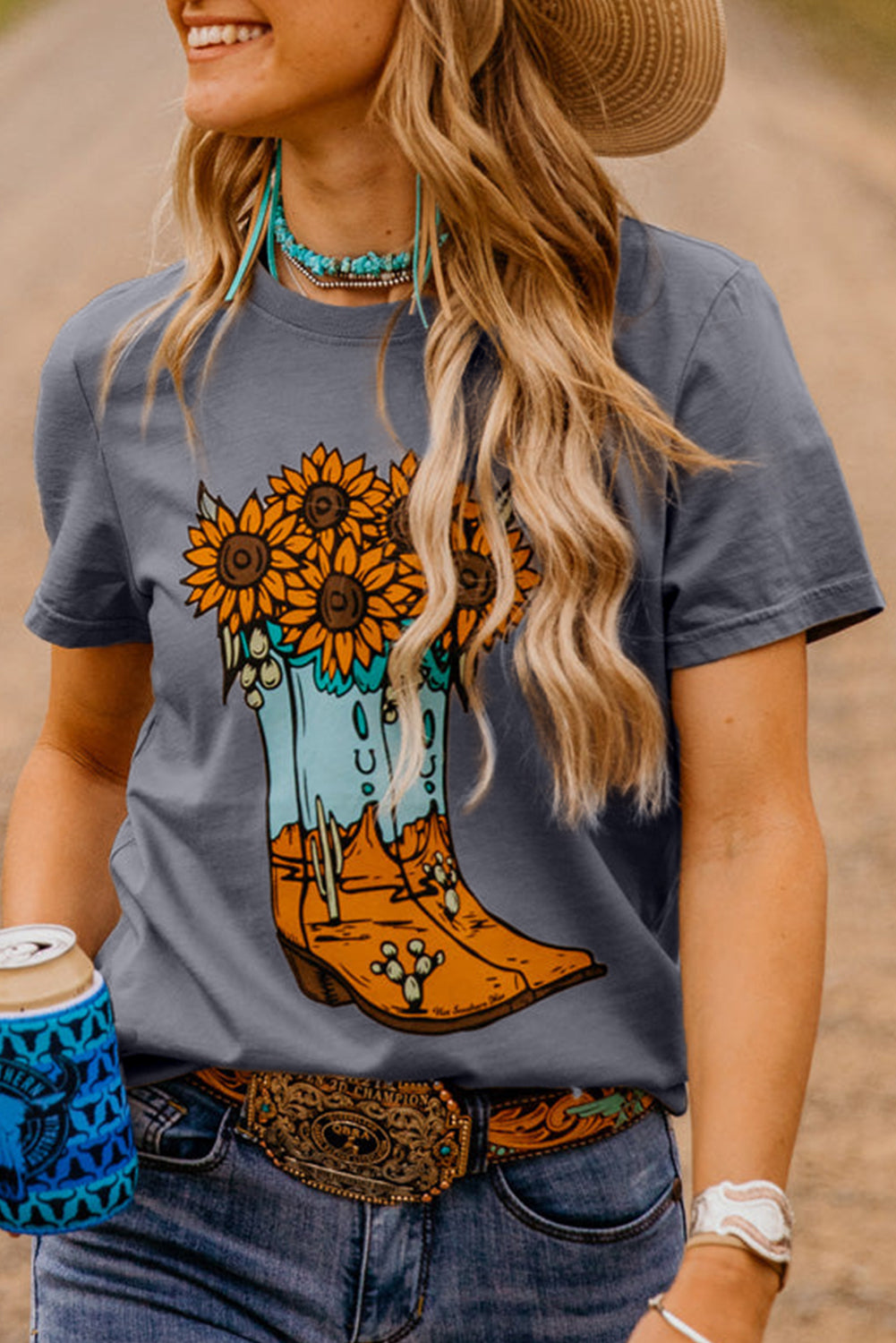 Gray Sunflower Cowgirl Boots Print Western Fashion T Shirt Graphic Tees JT's Designer Fashion