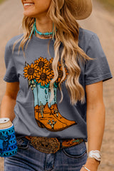 Gray Sunflower Cowgirl Boots Print Western Fashion T Shirt Graphic Tees JT's Designer Fashion