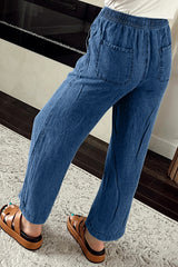 Sail Blue Mineral Wash Drawstring Elastic Waistband Loose Straight Denim Pants Jeans JT's Designer Fashion