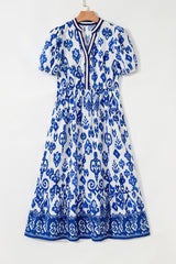 Blue Floral Puff Short Sleeve V Neck High Waist Maxi Dress Floral Dresses JT's Designer Fashion