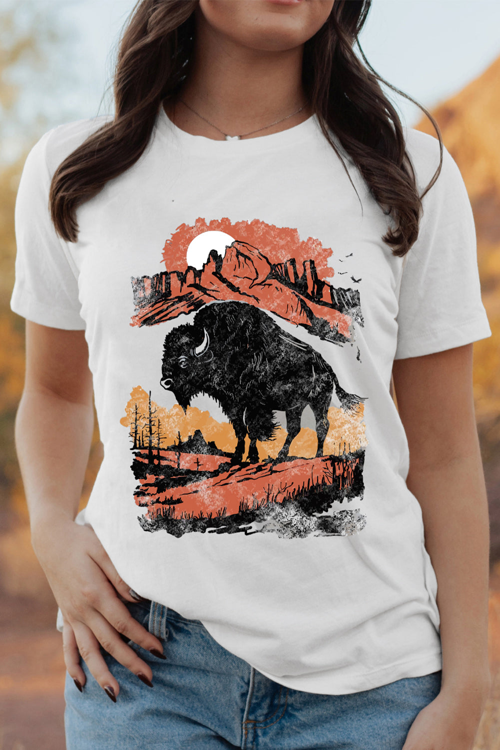 White Western Buffalo On Plains Graphic Crew Neck Tee Graphic Tees JT's Designer Fashion