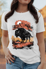 White Western Buffalo On Plains Graphic Crew Neck Tee Graphic Tees JT's Designer Fashion