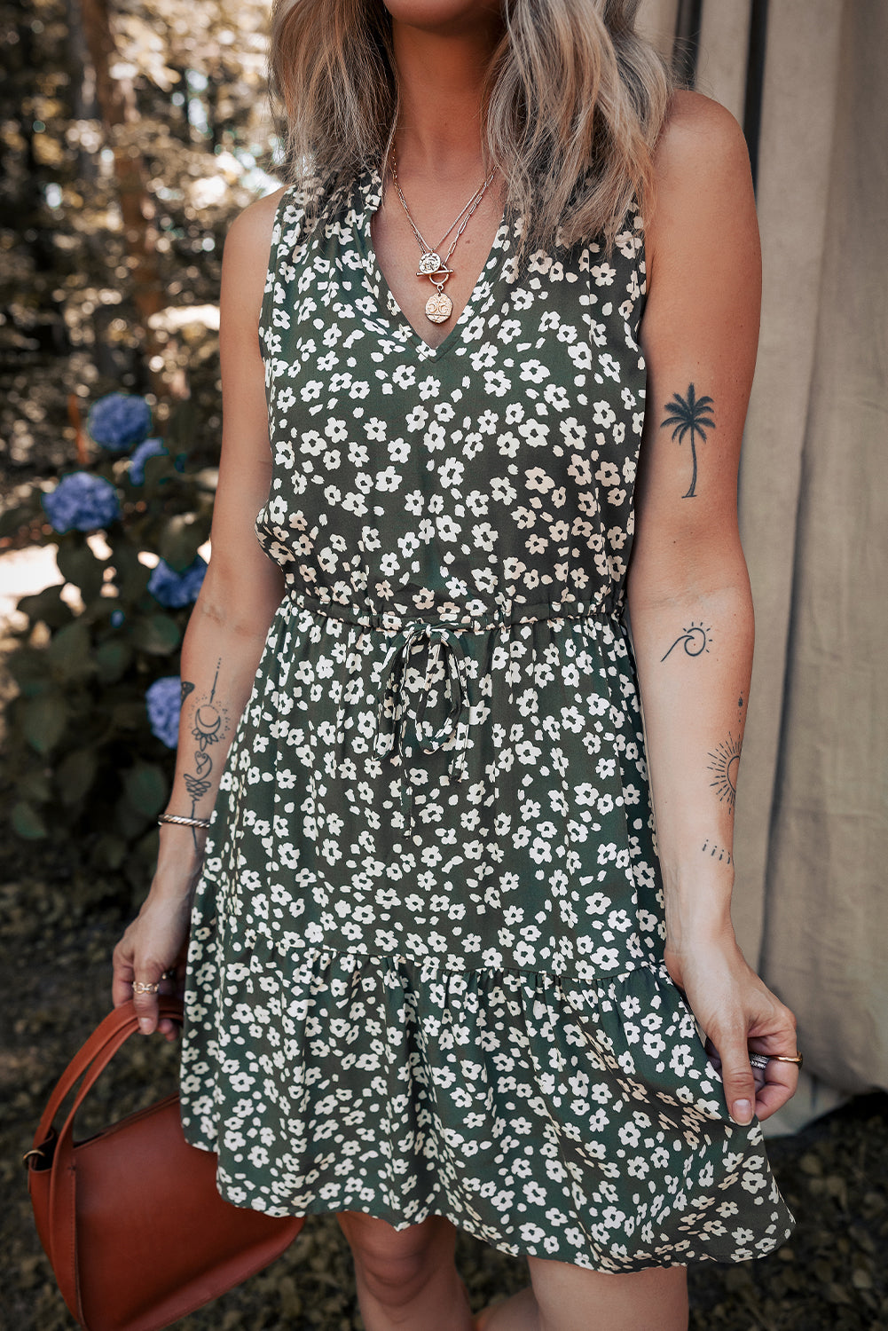 Green Boho Floral Print V Neck Tunic Sleeveless Dress Floral Dresses JT's Designer Fashion