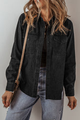 Black Flap Pocket Buttons Collared Jean Jacket Black 82%Cotton+10%Polyester+8%Viscose Denim Jackets JT's Designer Fashion