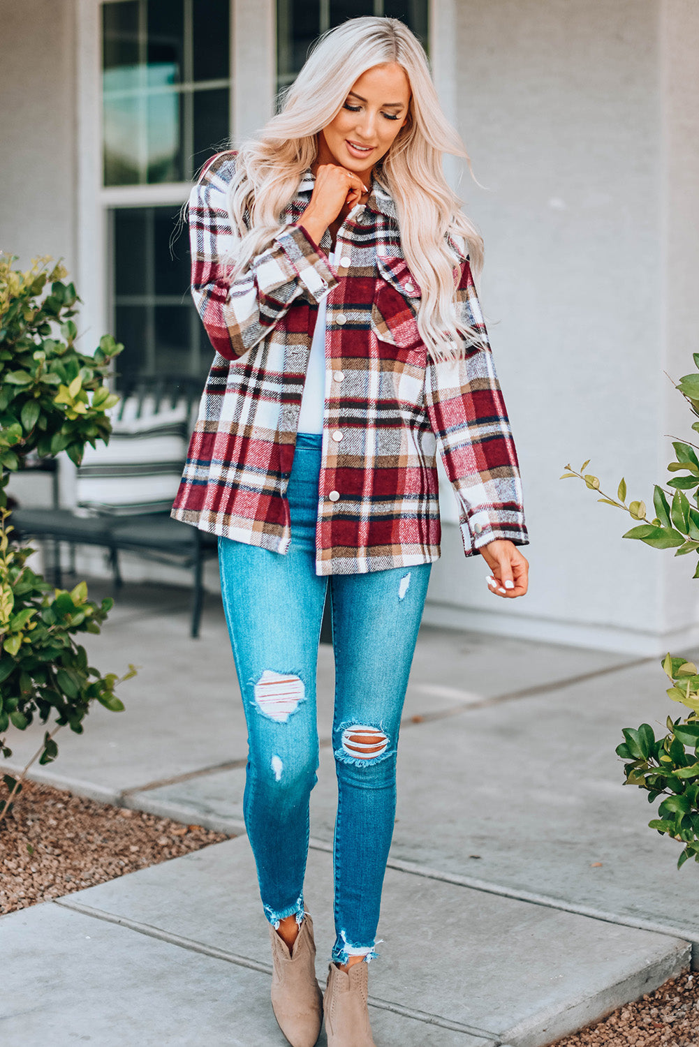 Fiery Red Geometric Plaid Print Pocketed Shacket Plaid Shackets JT's Designer Fashion