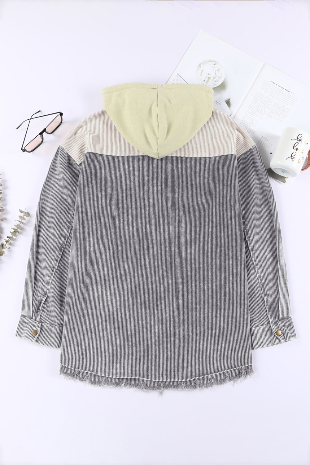 Gray Color Block Button Down Hooded Corduroy Jacket Jackets JT's Designer Fashion
