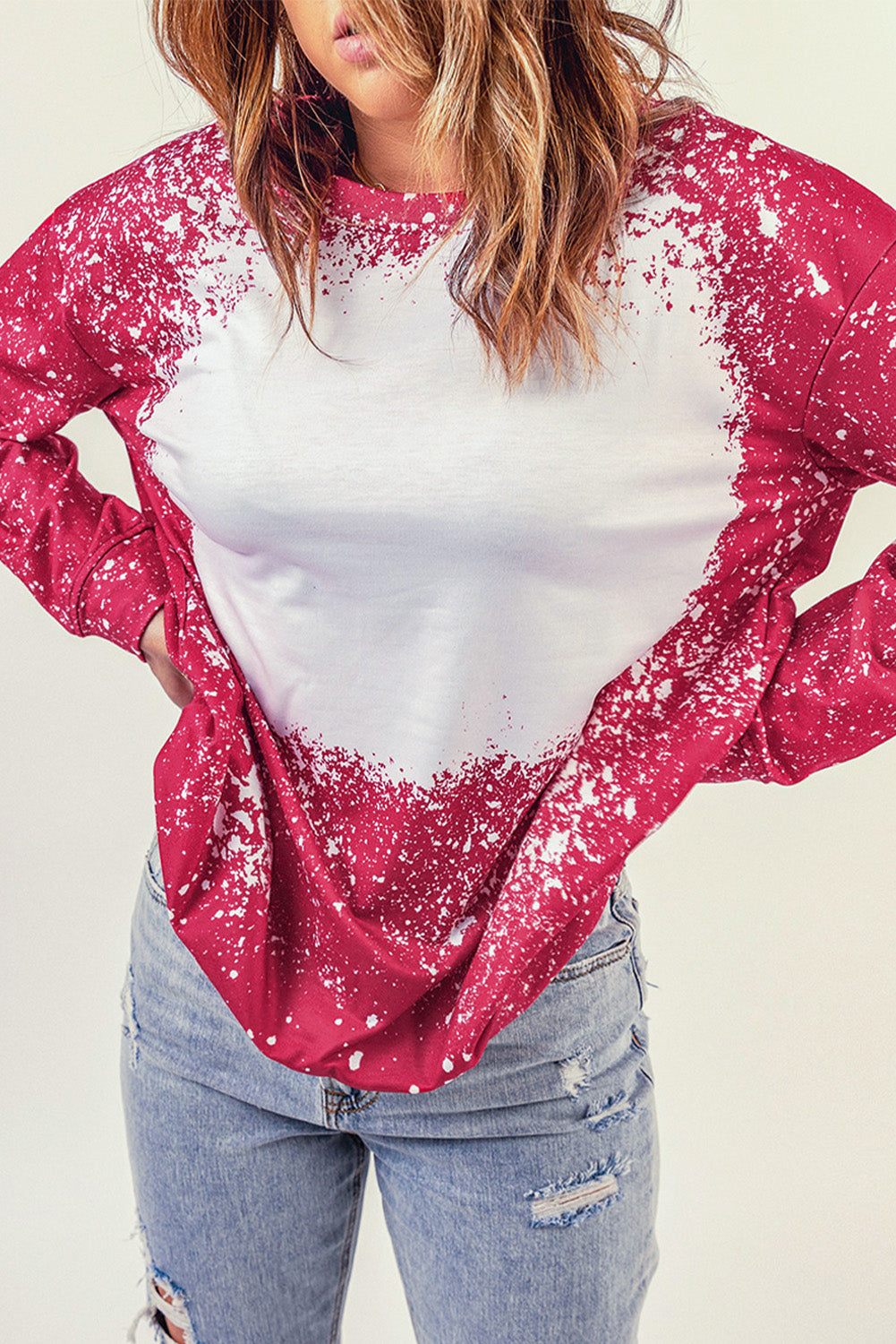 Fiery Red Tie-dyed Crew Neck Pullover Sweatshirt Sweatshirts & Hoodies JT's Designer Fashion
