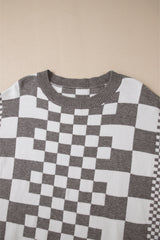 Gray Checkered Print Drop Shoulder Round Neck Sweater Sweaters JT's Designer Fashion