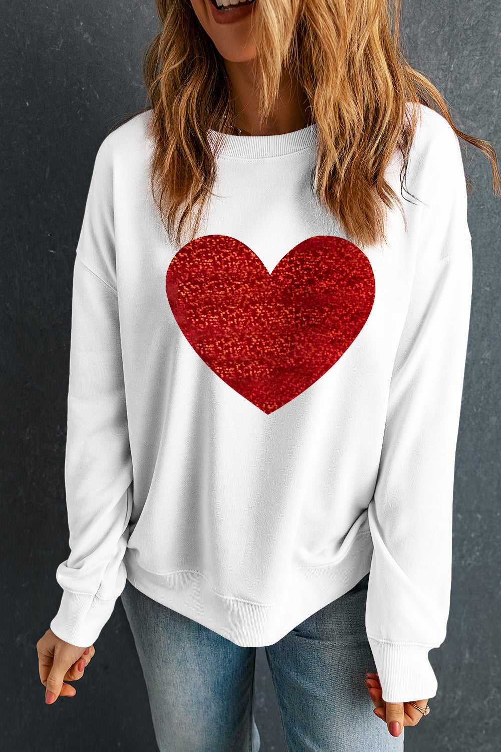 Beige Glitter Valentine Heart Shape Graphic Sweatshirt Graphic Sweatshirts JT's Designer Fashion