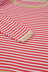 Fiery Red Contrast Trimmed Striped Drop Shoulder Sweater Sweaters JT's Designer Fashion