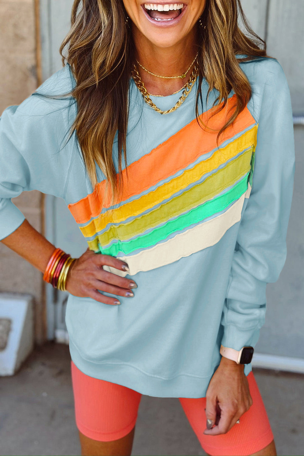Beau Blue Rainbow Colorblock Striped Pullover Sweatshirt Sweatshirts & Hoodies JT's Designer Fashion