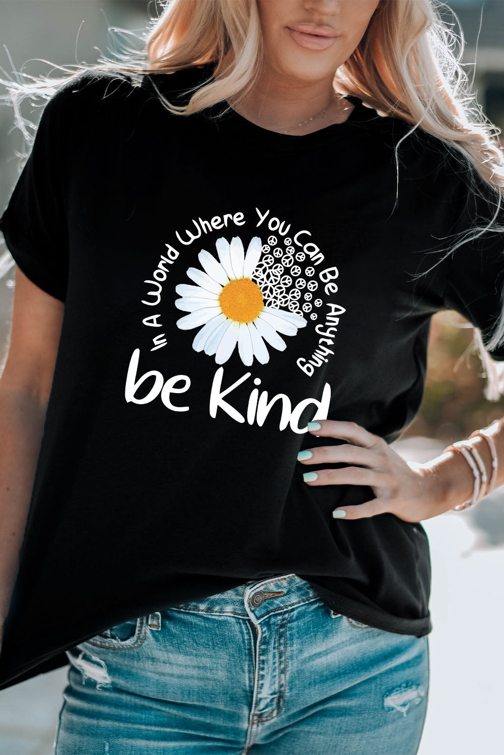 Black be kind Daisy Slogan Print Crewneck Casual Tee Graphic Tees JT's Designer Fashion