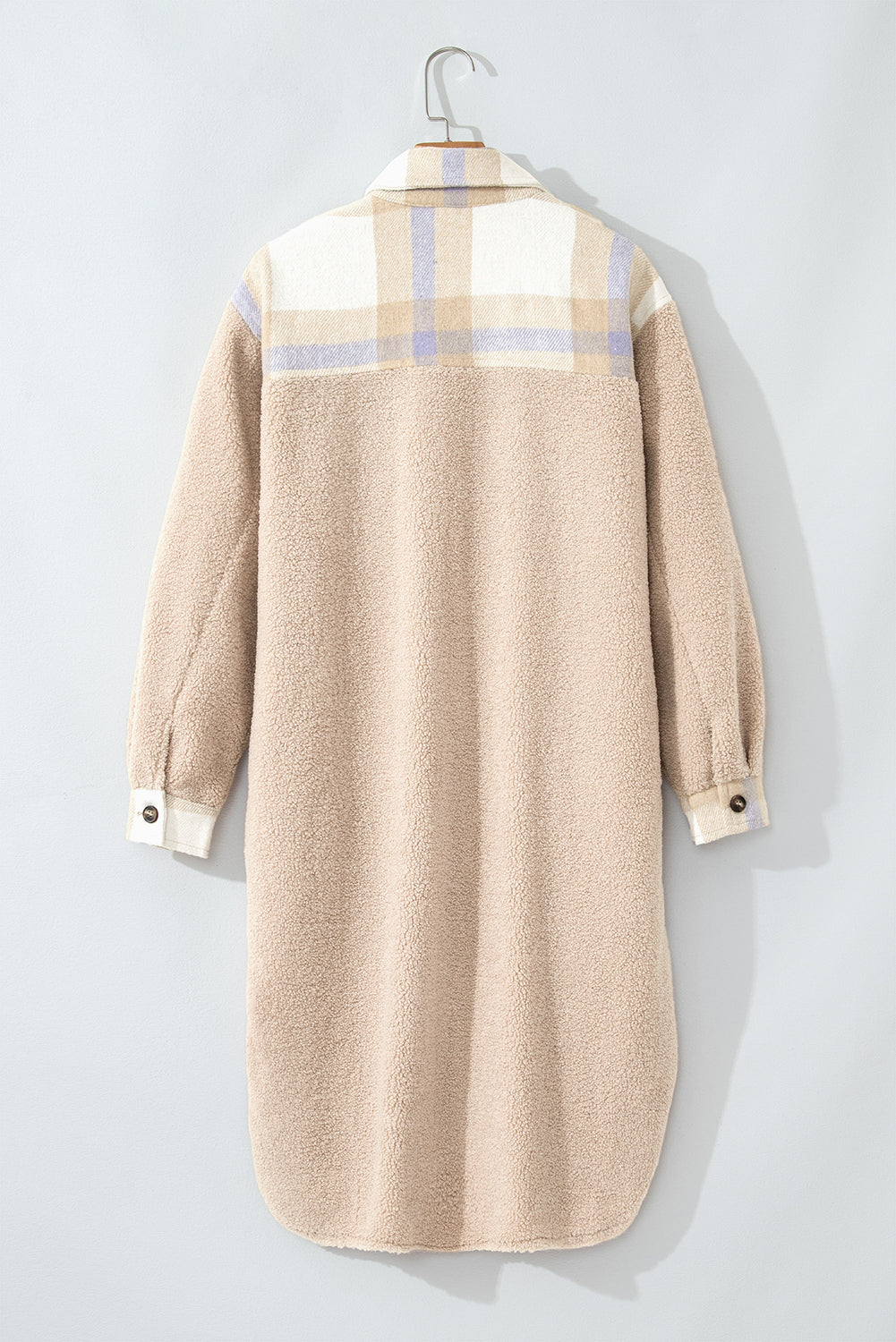 Smoke Gray Plaid Patchwork Collared Button-up Sherpa Long Coat Coats JT's Designer Fashion