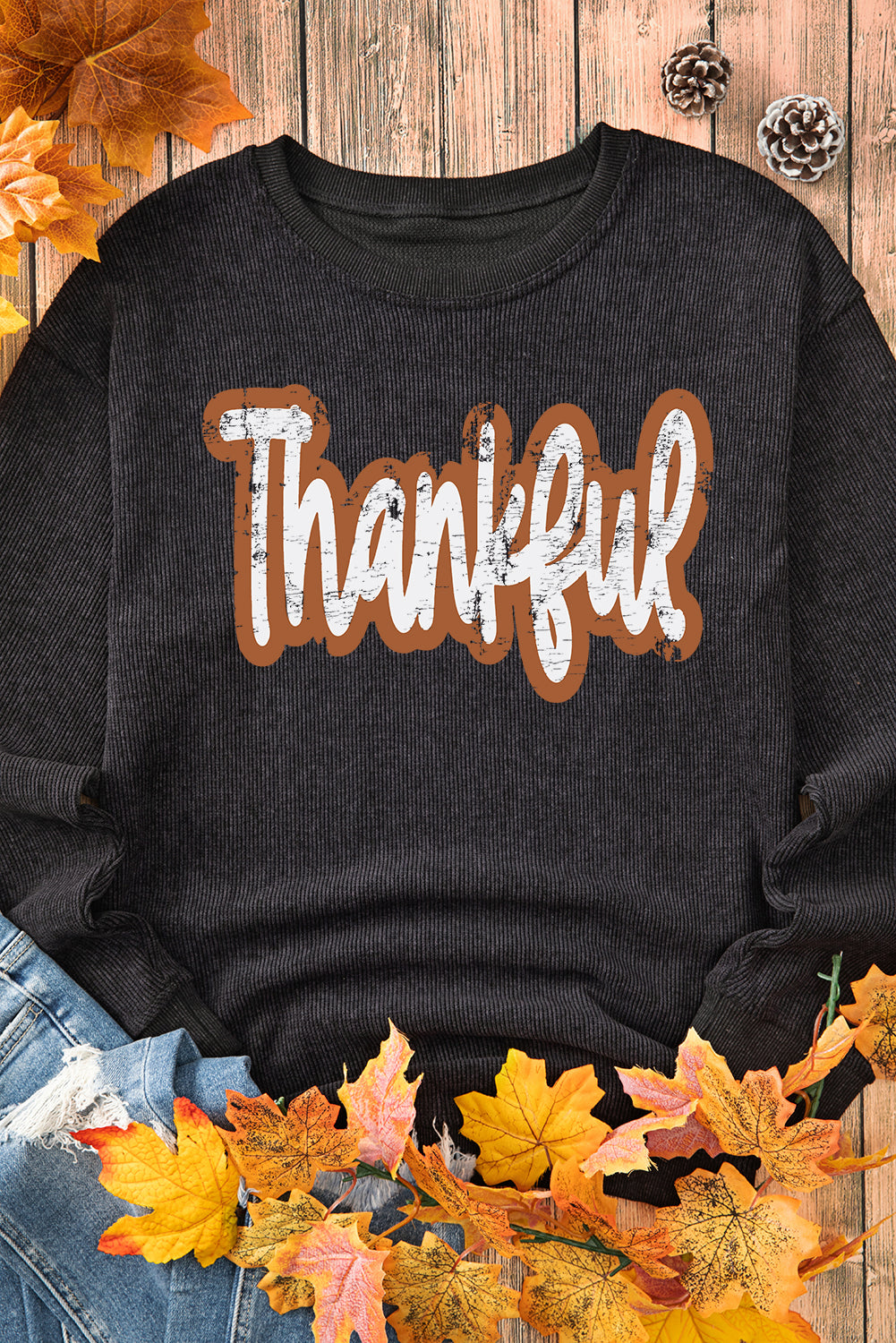 Black Thankful Printed Drop Shoulder Corded Thanksgiving Sweatshirt Graphic Sweatshirts JT's Designer Fashion