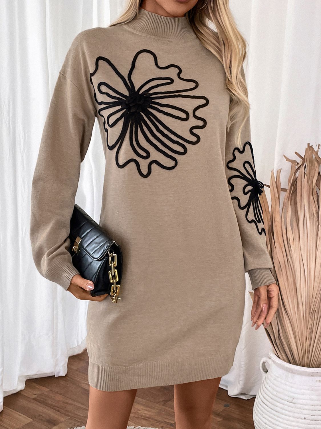 Flower Mock Neck Long Sleeve Sweater Dress Mini Dresses JT's Designer Fashion