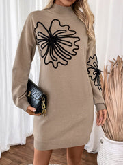 Flower Mock Neck Long Sleeve Sweater Dress Mini Dresses JT's Designer Fashion