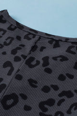 Gray Leopard Print Button Split Neck Waffle Sweatshirt Sweatshirts & Hoodies JT's Designer Fashion