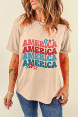 Khaki AMERICA Letter Floral Print T Shirt Graphic Tees JT's Designer Fashion