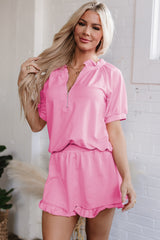 Pink Half Zip Puff Sleeve Top and Ruffled Shorts Set Short Sets JT's Designer Fashion