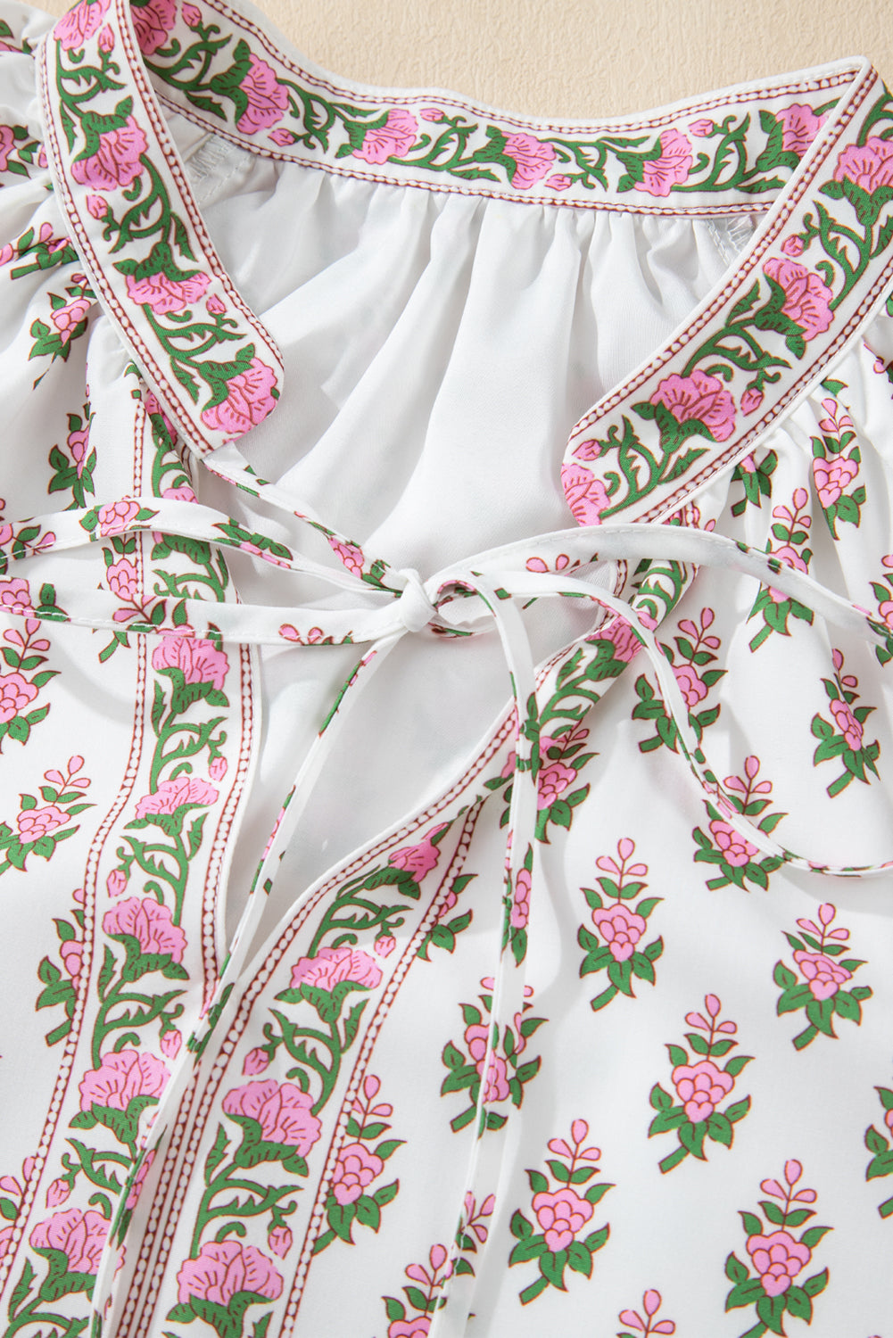Pink Floral Print Bubble Sleeve Neck Tie Ruffled Dress Floral Dresses JT's Designer Fashion
