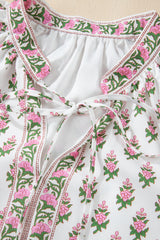 Pink Floral Print Bubble Sleeve Neck Tie Ruffled Dress Floral Dresses JT's Designer Fashion