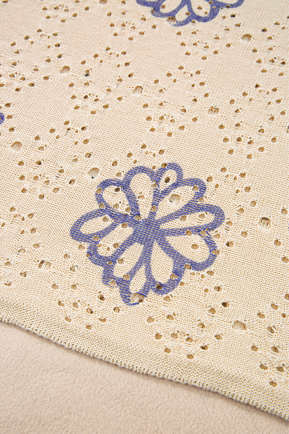 Beige Contrast Flower Print Eyelet Drop Shoulder Sweater Sweaters JT's Designer Fashion