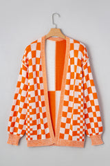 Orange Checkered Open Front Drop Shoulder Cardigan Cardigans JT's Designer Fashion