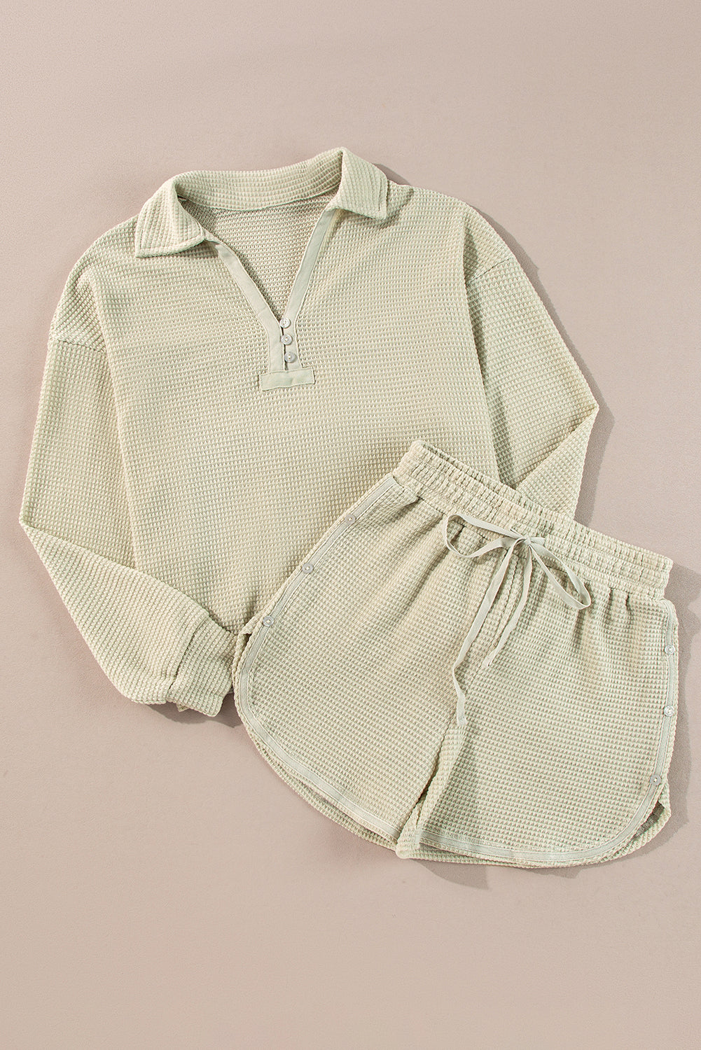 Parchment Textured Buttoned Long Sleeve Top 2 Piece Shorts Set Parchment 95%Polyester+5%Elastane Short Sets JT's Designer Fashion