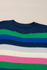 Bright Green Rainbow Striped Crew Neck Drop Shoulder Sweater Sweaters JT's Designer Fashion