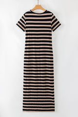 Black Stripe Casual Round Neck T-shirt Maxi Dress with Pockets T Shirt Dresses JT's Designer Fashion