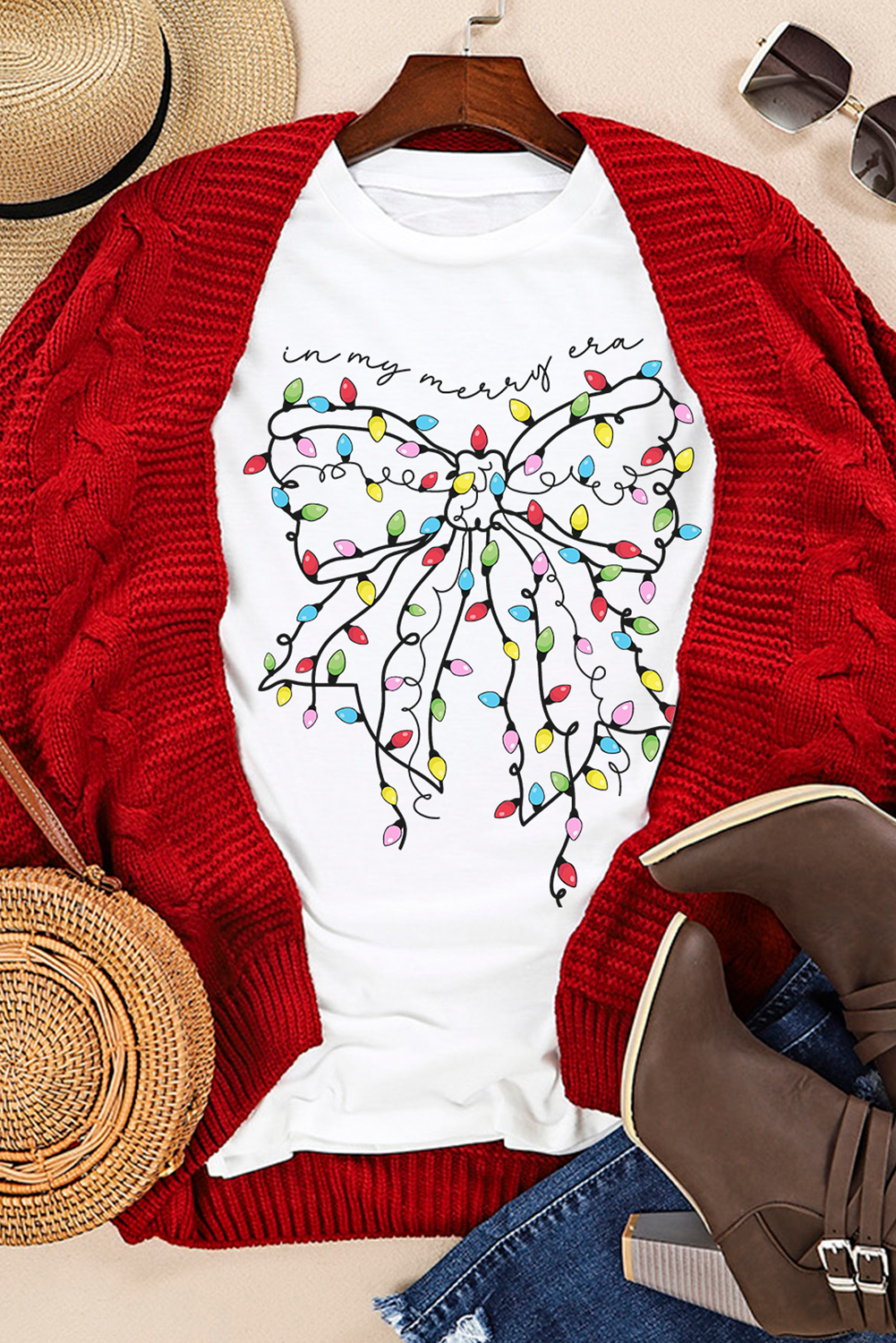 White Colored Light Bowknot Graphic Crewneck T Shirt Graphic Tees JT's Designer Fashion